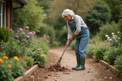 Femme en jardinage avec bottes en caoutchouc et râteau