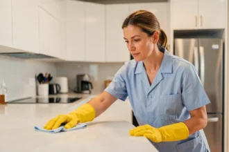 Femme de ménage professionnelle en uniforme bleu nettoyant le plan de travail d'une cuisine moderne