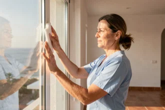Femme de ménage professionnelle nettoyant une fenêtre dans un appartement moderne à Mandelieu