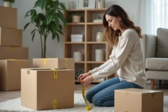 Femme en jeans mesure un grand carton dans un appartement