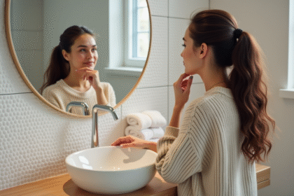 Jeune femme regardant un miroir rond dans sa salle de bain