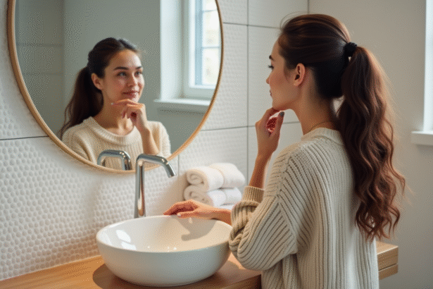 Jeune femme regardant un miroir rond dans sa salle de bain