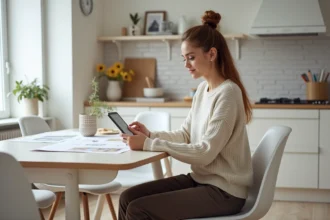 Jeune femme en cuisine regardant des mood boards sur tablette