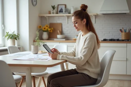Jeune femme en cuisine regardant des mood boards sur tablette