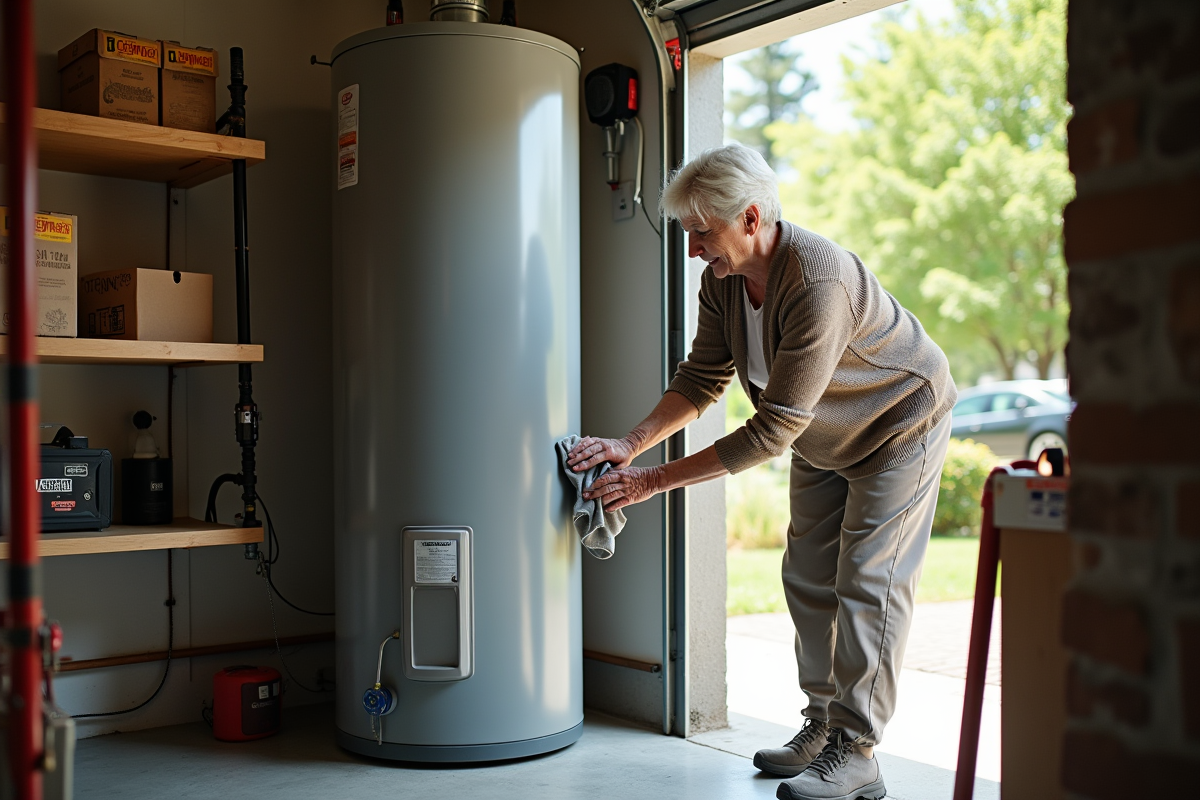 Femme âgée nettoyant un chauffe-eau électrique dans un garage ensoleille