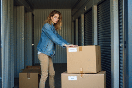 Femme organisant des cartons dans un espace de stockage intérieur