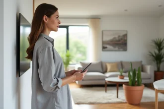Femme ajustant un panneau domotique mural dans un salon moderne et confortable
