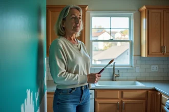 Femme regardant la peinture teal dans la cuisine