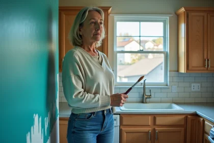 Femme regardant la peinture teal dans la cuisine