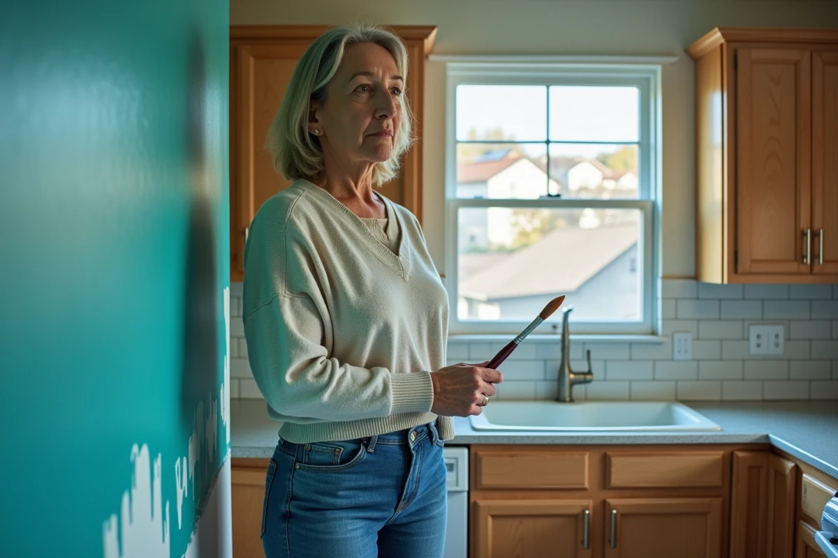 Femme regardant la peinture teal dans la cuisine