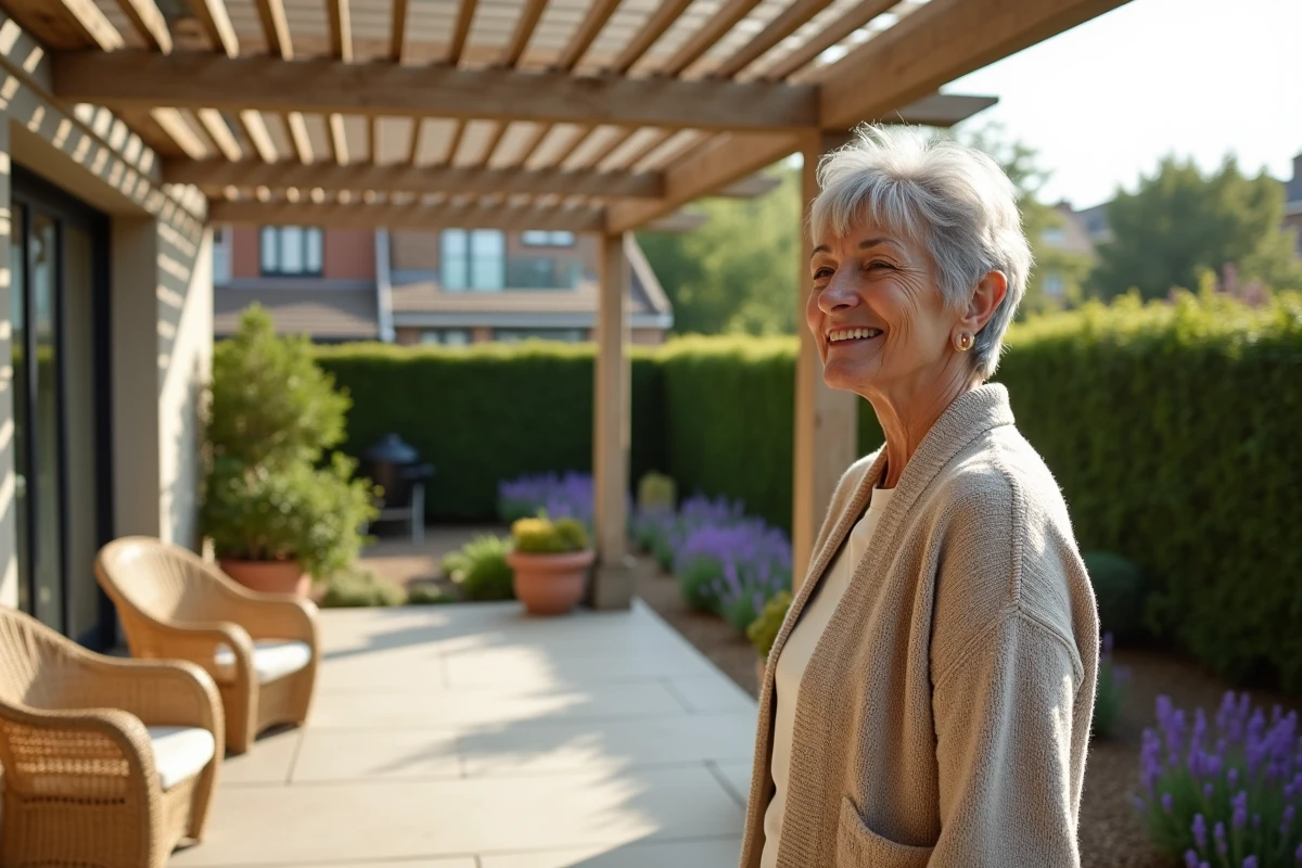 Femme admirant une pergola installée sur une terrasse résidentielle entourée de verdure