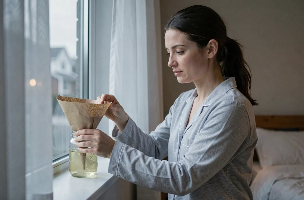 Femme en pyjama installant un piège naturel au vinaigre contre les moucherons sur le rebord de fenêtre de sa chambre