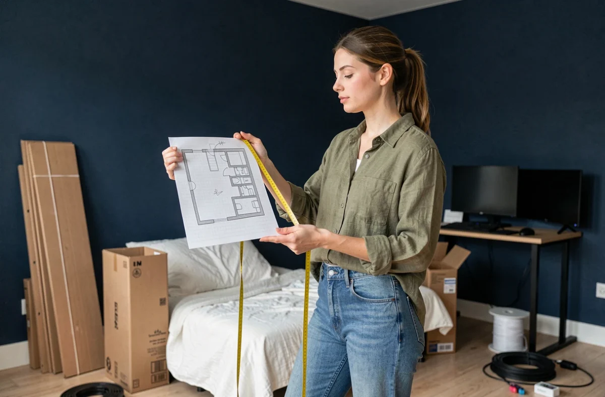 Jeune femme tenant un plan d'aménagement devant un mur vide dans une chambre gaming en cours d'installation