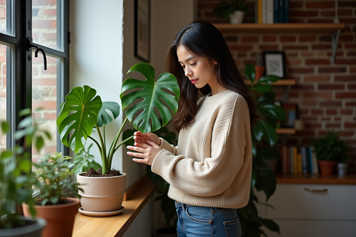 Jeune femme touchant une plante verte dans un appartement