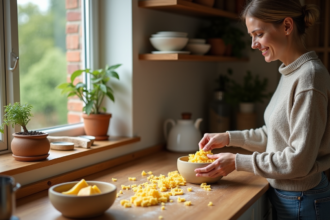Femme en cuisine préparant le compost avec des écorces de fromage