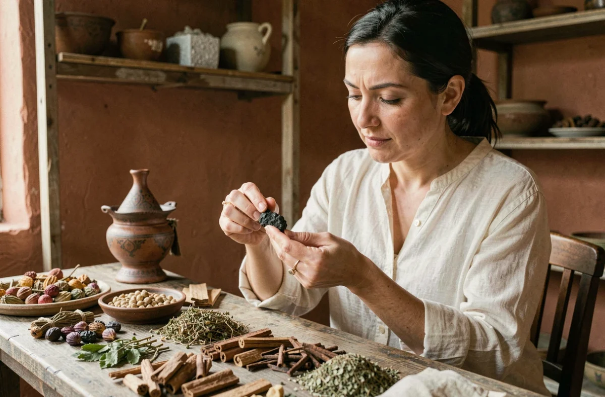 Femme inspectant un morceau de bakhour naturel entre ses doigts pour en évaluer la qualité, entourée d'échantillons d'encens sur une table en bois artisanale