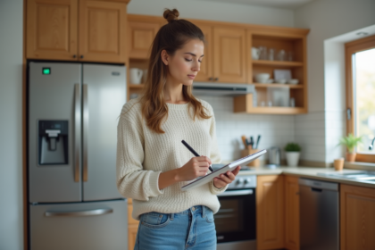 Femme notant des chiffres devant un frigo moderne dans la cuisine