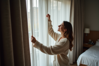 Femme en loungewear tirant un rideau occultant dans une chambre moderne