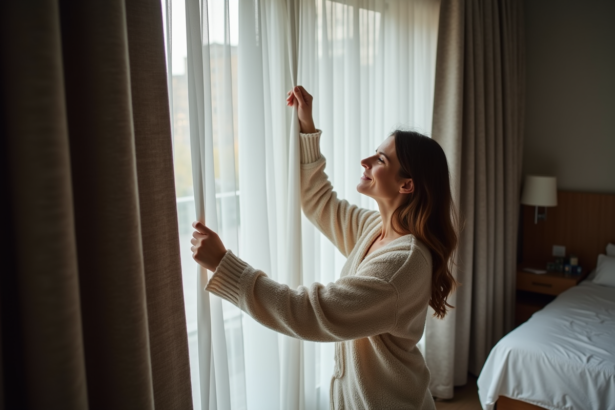 Femme en loungewear tirant un rideau occultant dans une chambre moderne