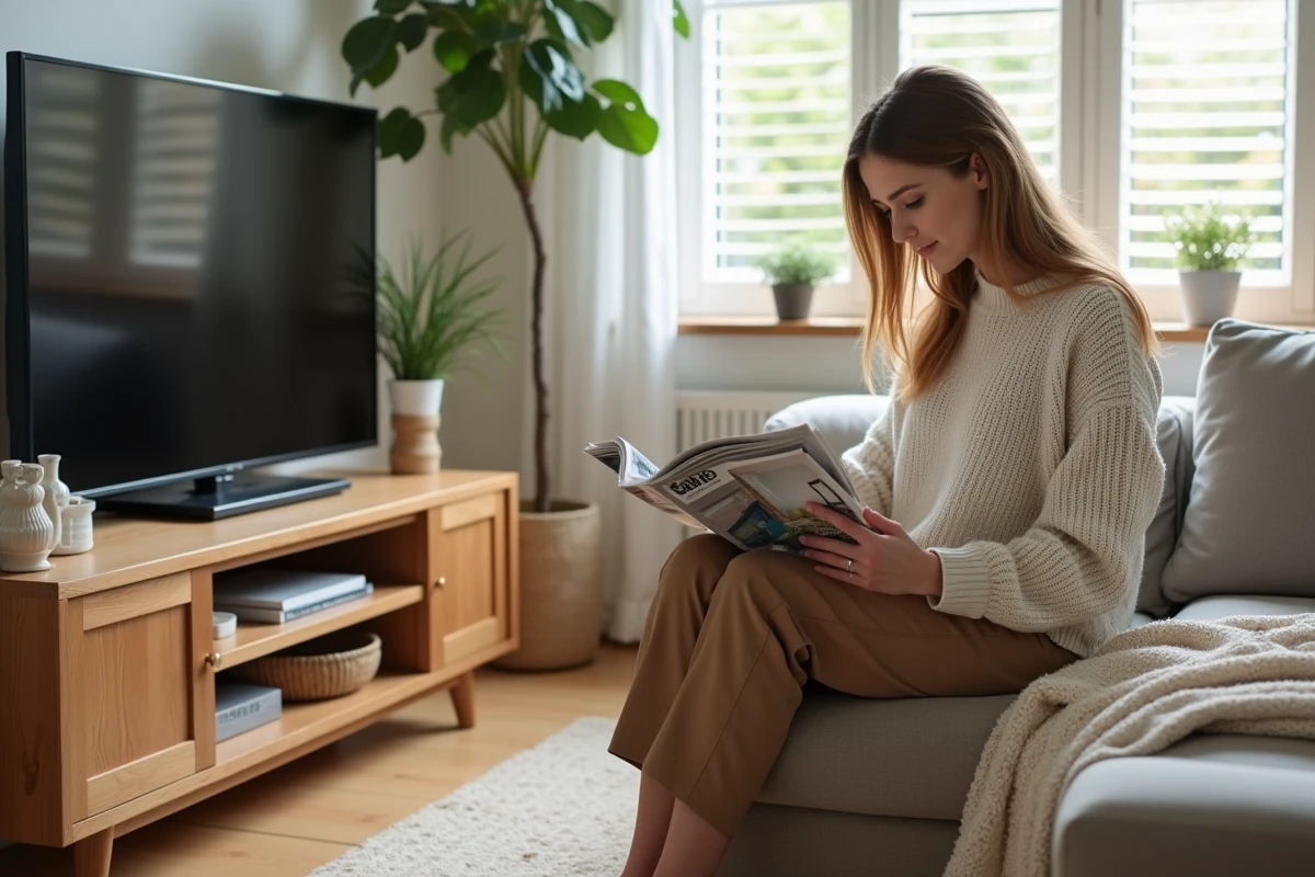 Jeune femme lisant un magazine dans un salon lumineux