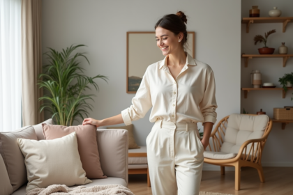 Jeune femme en blouse crème dans un salon scandinave