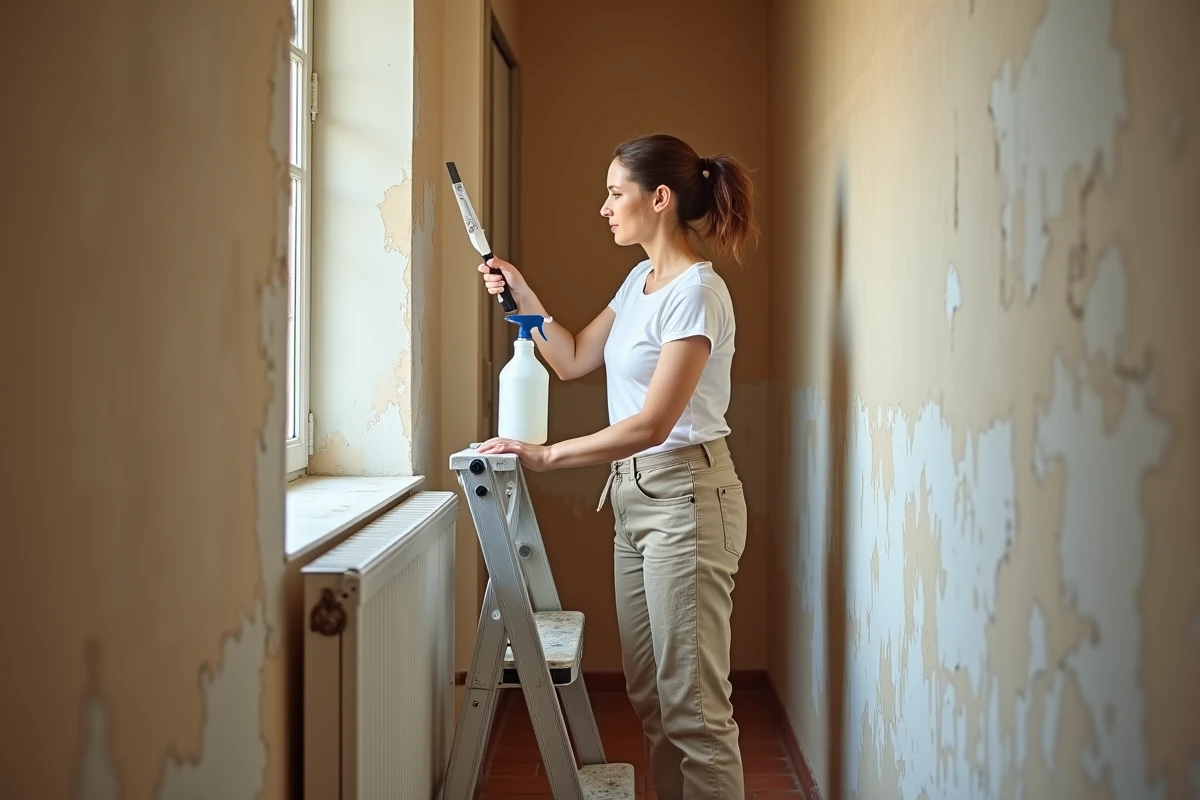 Femme utilisant une spatule et un spray pour décoller du papier peint ancien dans un couloir en rénovation