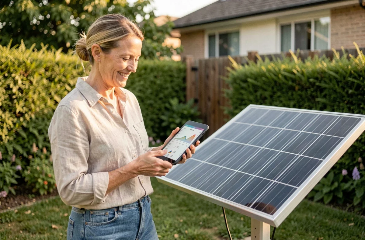 Femme consultant les données de production d'énergie solaire sur une tablette à côté d'une installation de panneaux photovoltaïques au sol dans un jardin résidentiel