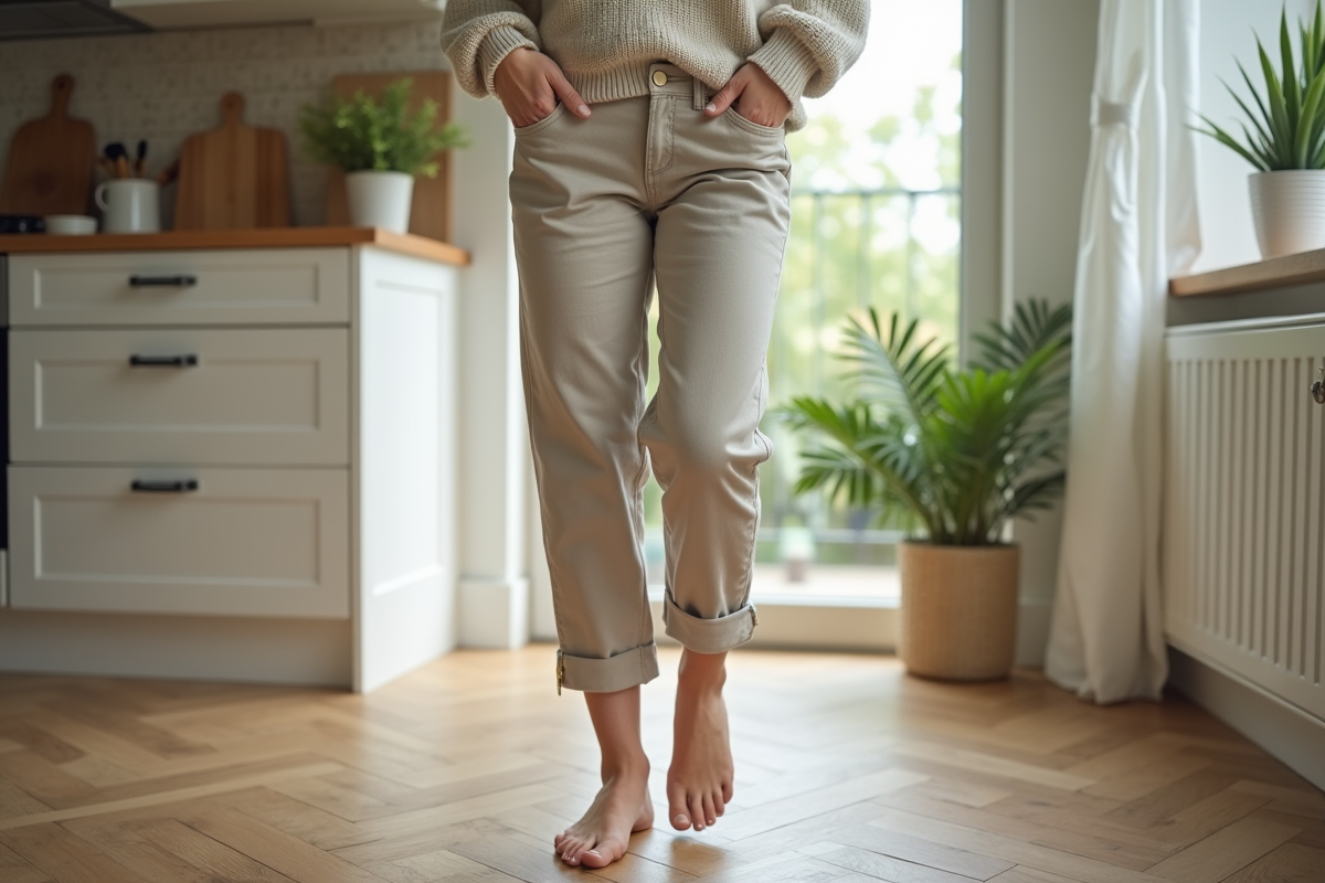 Jeune femme souriante sur sol stratifié dans cuisine lumineuse