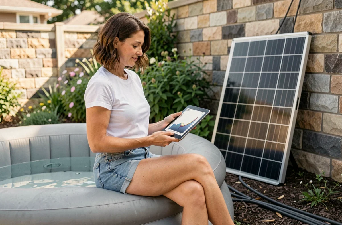 Femme consultant les données de puissance d'un panneau solaire depuis une tablette au bord d'un spa gonflable