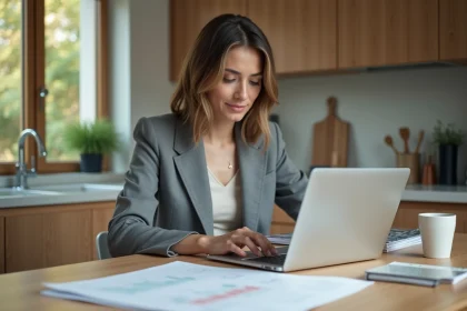 Femme en blazer travaillant sur documents d urbanisme à la maison