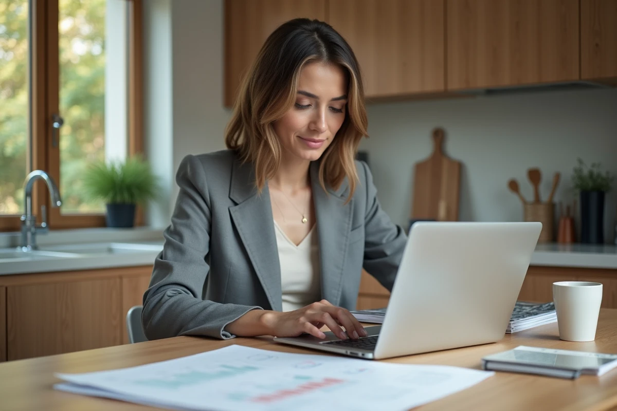 Femme en blazer travaillant sur documents d urbanisme à la maison