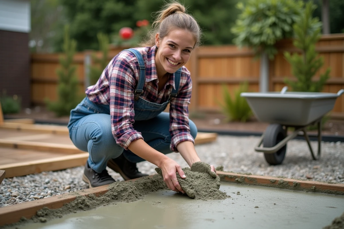Jeune femme souriante versant du ciment pour une dalle en béton sur un patio