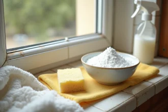 Cadre de fenêtre en PVC jauni dans une cuisine avec du bicarbonate de soude dans un bol en céramique posé sur le rebord