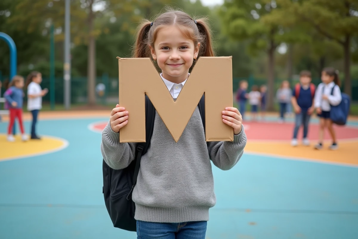 Jeune fille tenant une lettre M en extérieur à l