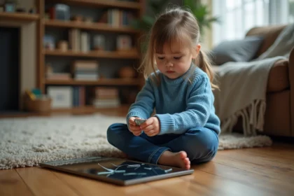 Jeune fille examine un grand morceau de miroir brisé dans un salon chaleureux