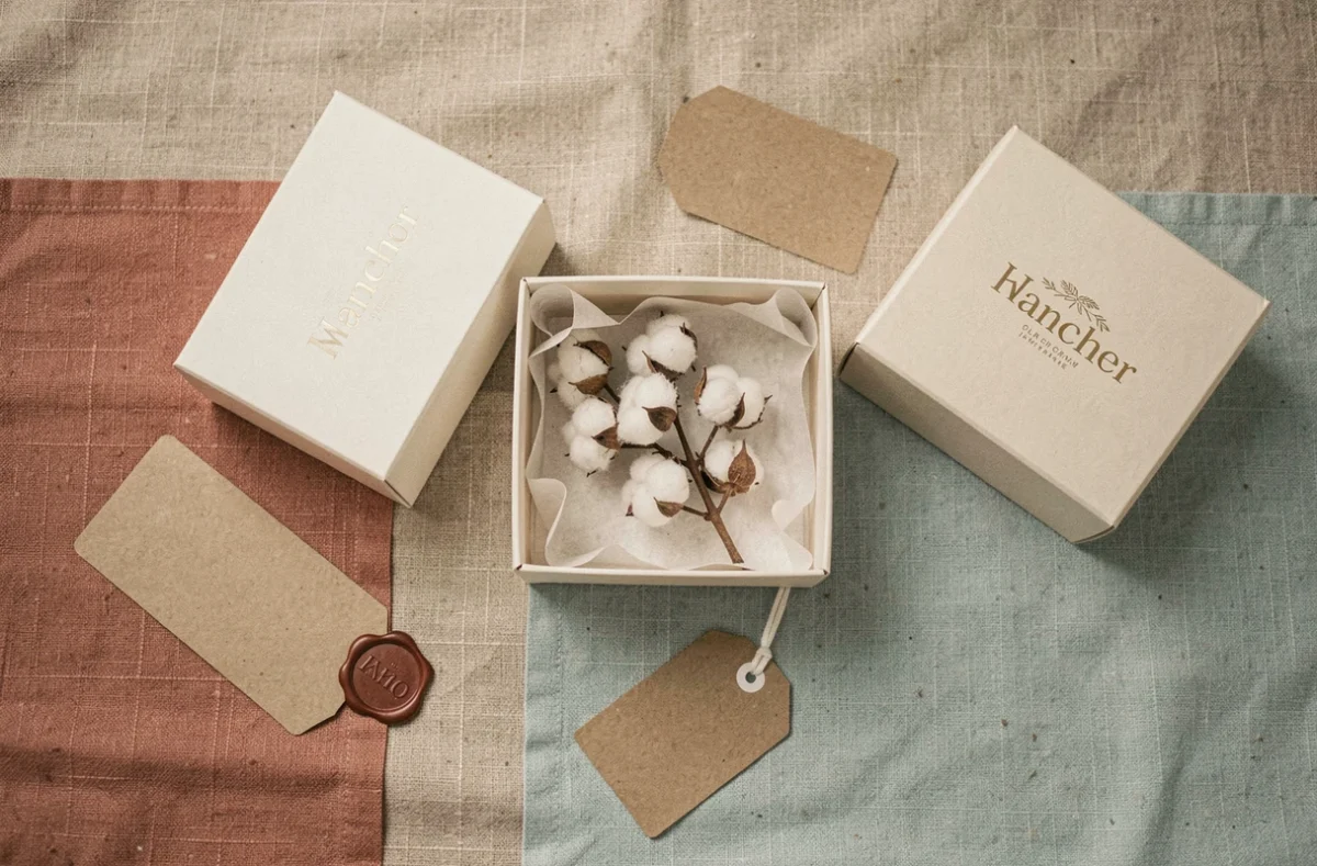 Flat lay de boîtes cadeaux vides réutilisables en ton terracotta et bleu pâle sur surface en lin, avec papier de soie, fleurs en coton séché et étiquette kraft