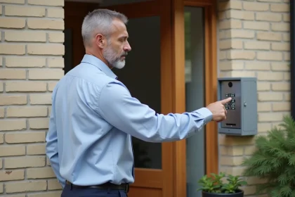 Gestionnaire immobilier composant un code sur une boîte à clé sécurisée fixée à un mur extérieur