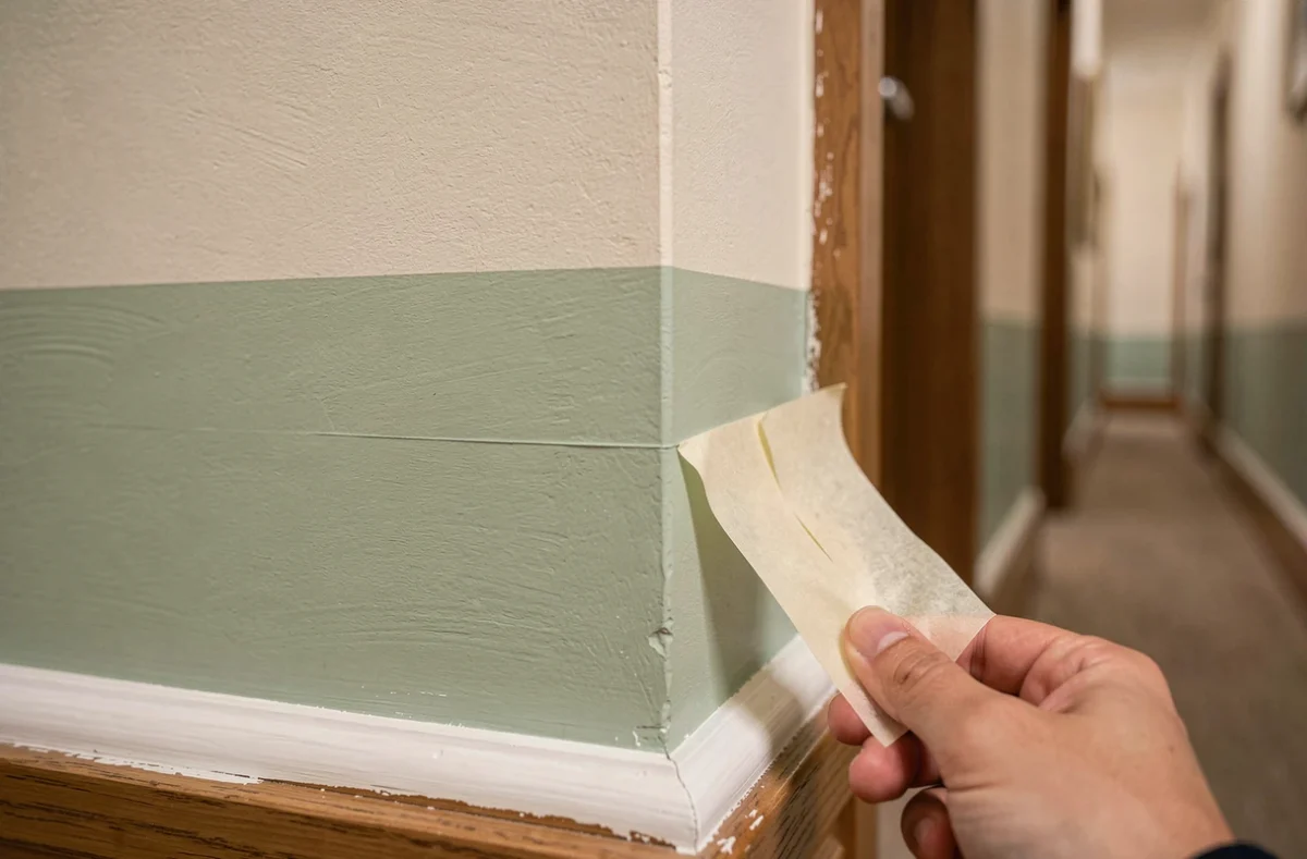 Gros plan sur le bord d'une bande de peinture verte et blanche dans un couloir avec ruban de masquage retiré