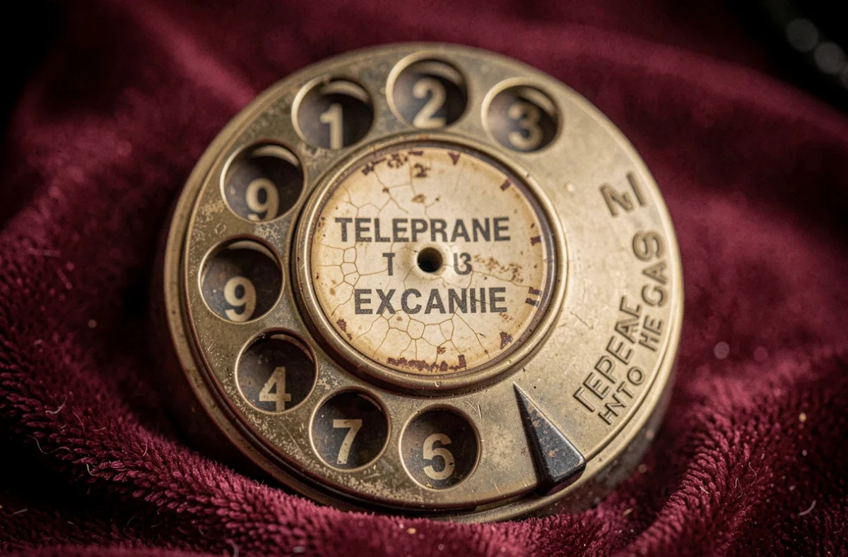 Gros plan sur le cadran rotatif en bakélite d'un téléphone vintage avec numéros estampés et patine d'usure authentique