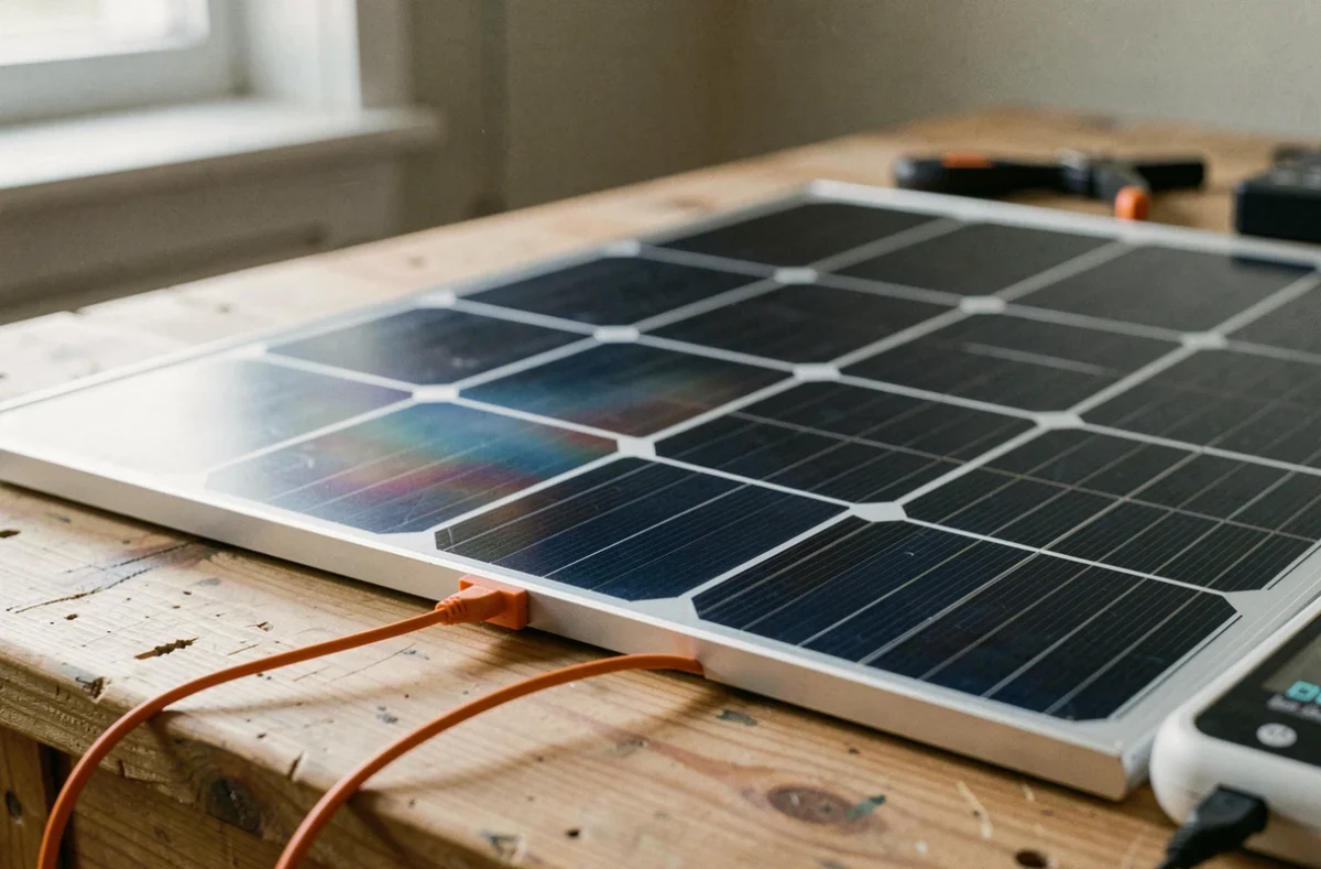Gros plan sur les cellules monocristallines d'un petit panneau solaire avec câble de connexion sur table en bois
