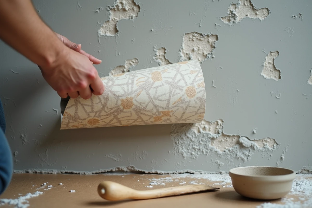 Gros plan sur des mains décollant un papier peint vintage géométrique des années 70 d'un mur en plâtre humide