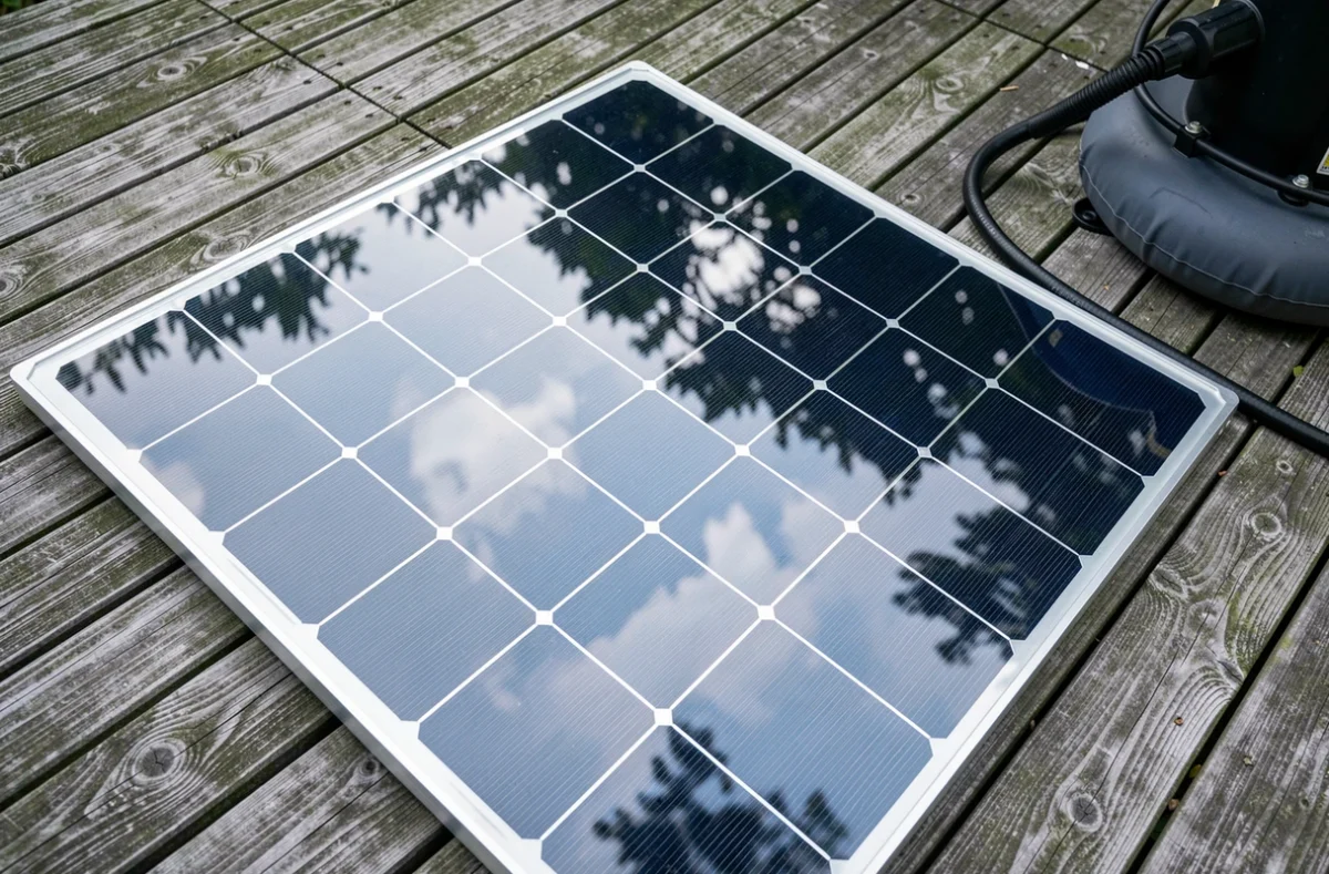Gros plan sur un panneau solaire monocristallin posé sur une terrasse en bois reliée à une pompe de spa gonflable