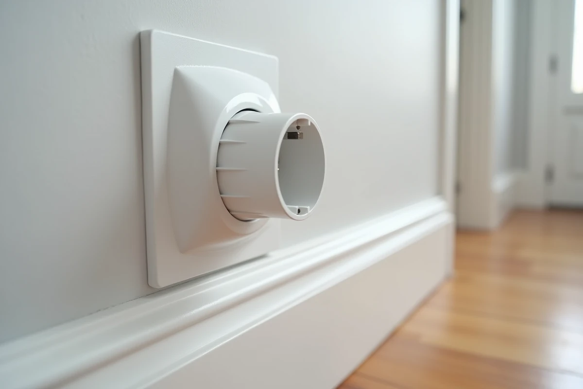 Gros plan d'une prise électrique modulaire clipsée dans une goulotte PVC blanche le long d'un mur de couloir résidentiel