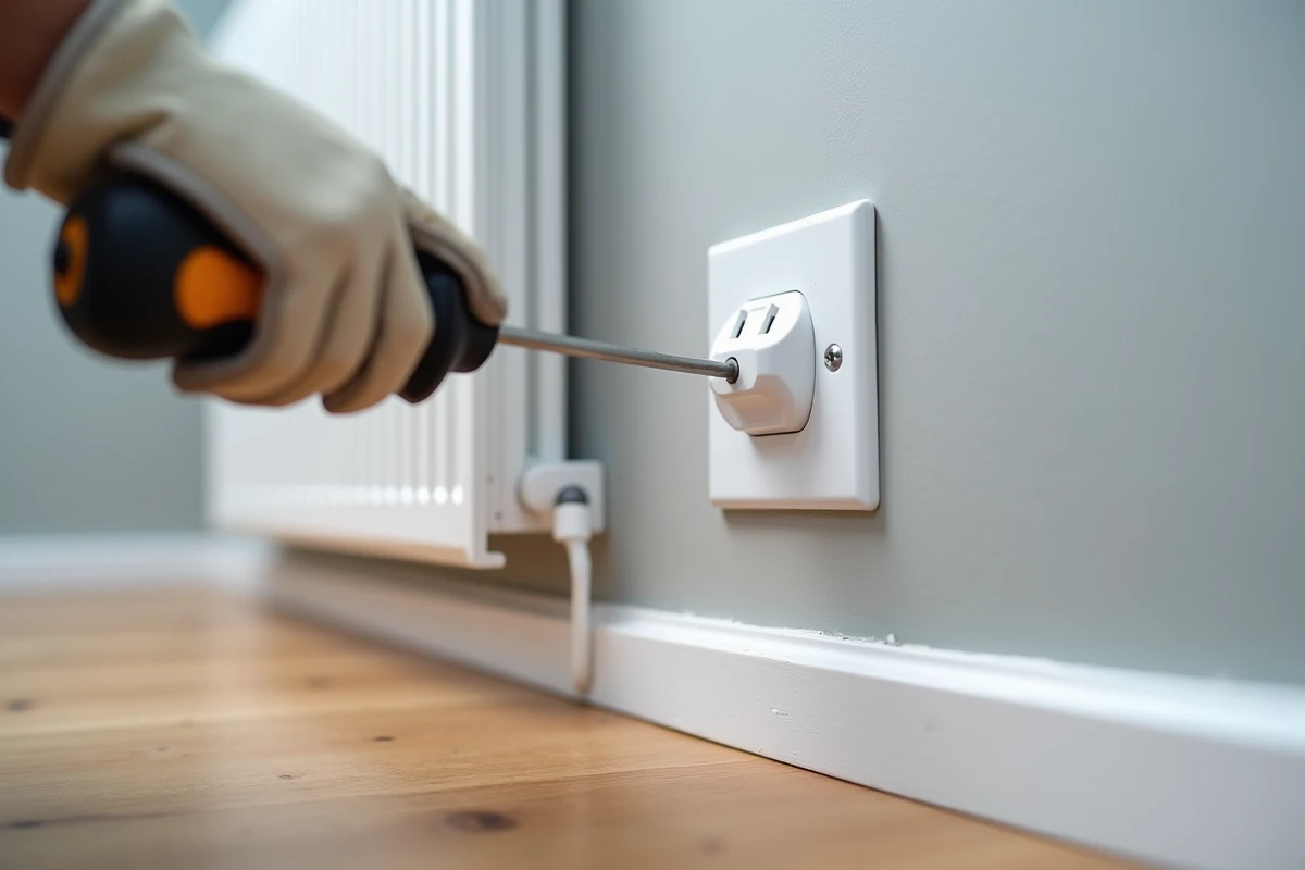 Gros plan sur une prise électrique dédiée installée à proximité d'un radiateur avec intervention d'un électricien