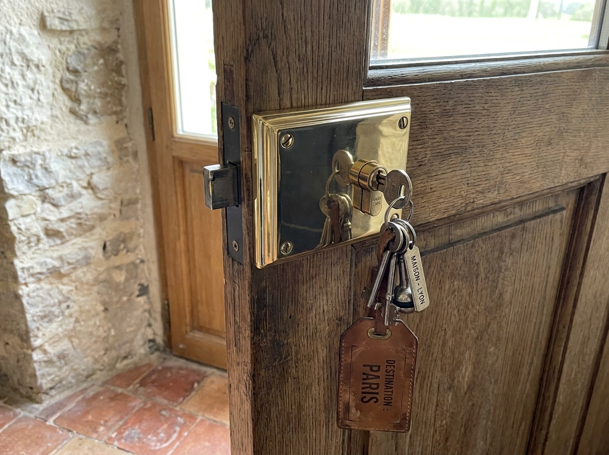 Gros plan sur une serrure multipoints de porte d'entrée avec clés insérées et étiquette de bagage, avant un départ en vacances depuis Lyon