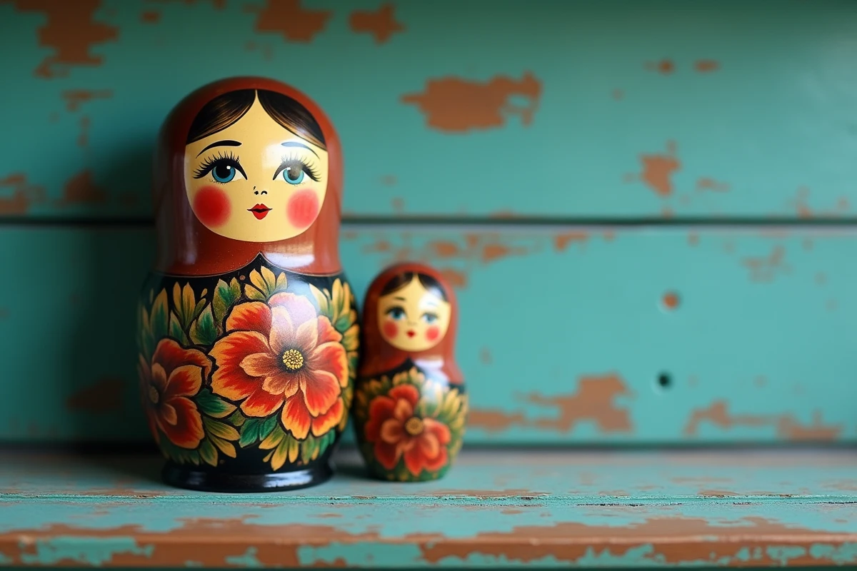 Gros plan détaillé sur le visage peint à la main d'une grande poupée matriochka russe posée sur une étagère en bois patiné aux tons vintage