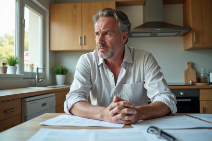 Homme d'âge moyen réfléchissant devant documents immobiliers