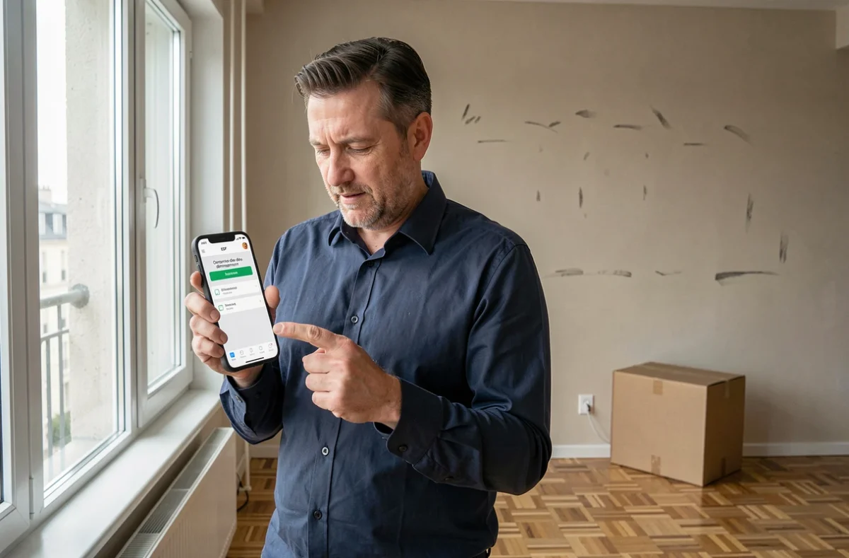 Homme vérifiant l'application EDF sur smartphone pour suivre sa démarche de déménagement dans un appartement vide