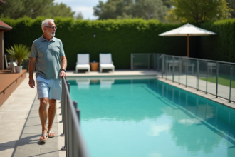 Homme d'âge moyen marche près d'une piscine sécurisée