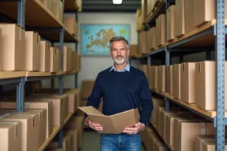 Homme d'âge moyen dans une boutique d'emballage examine une grande boîte